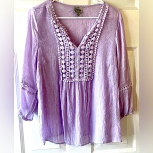 Lavender Purple Popcorn Crochet and Cutout Circle Detail Boho Blouse Size Medium